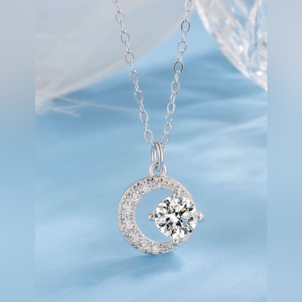 Silver Plated and Cubic Zirconia Crescent Necklace